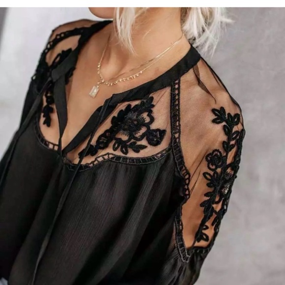 NWOT BLACK LACE SHEER TOP BOHO PHEASANT TOP - Picture 5 of 7
